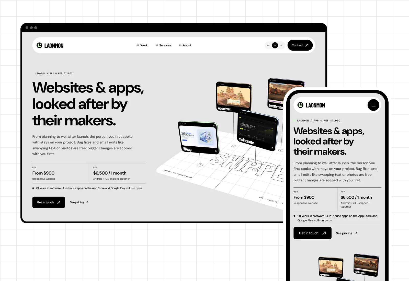 The laonmon.com English home page on desktop and phone