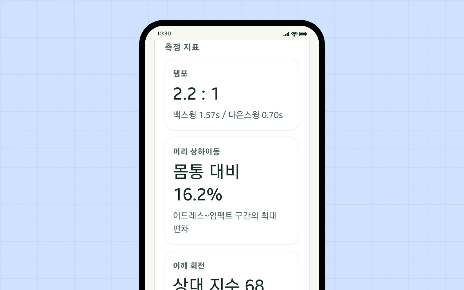SwingNoteの計測画面 — テンポ2.2:1（バックスイング1.57秒・ダウンスイング0.70秒）、頭の上下動は胴体比16.2%、肩の回転は相対指数68（韓国語画面）